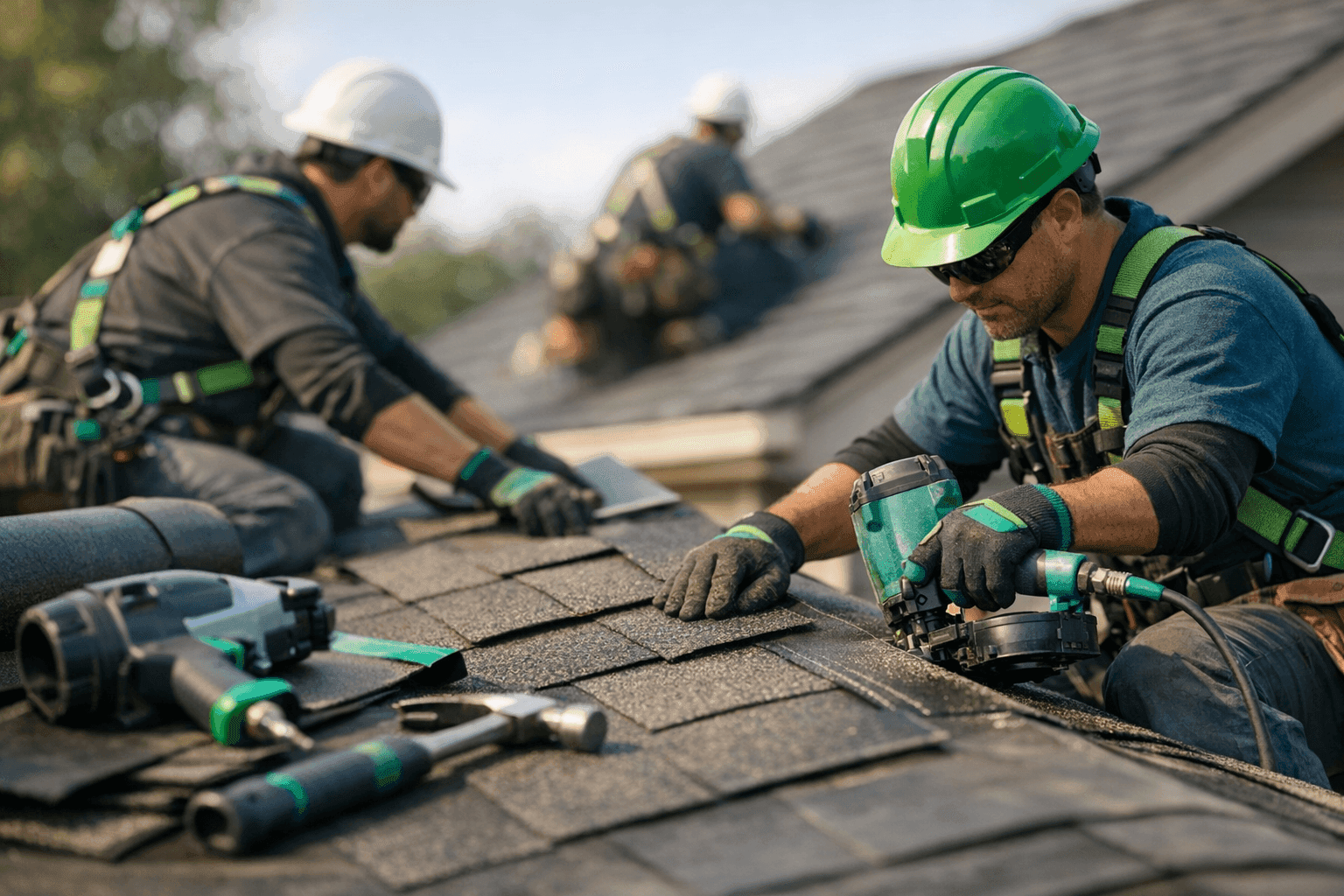 Professional roofing crew working on a clean residential roof wearing safety gear
